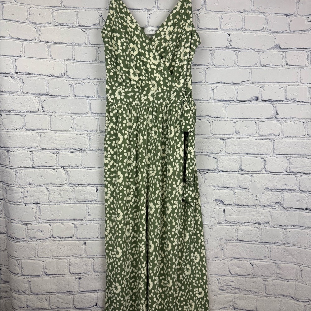 Kaileigh Green and White Floral Jumpsuit with Tie Waist